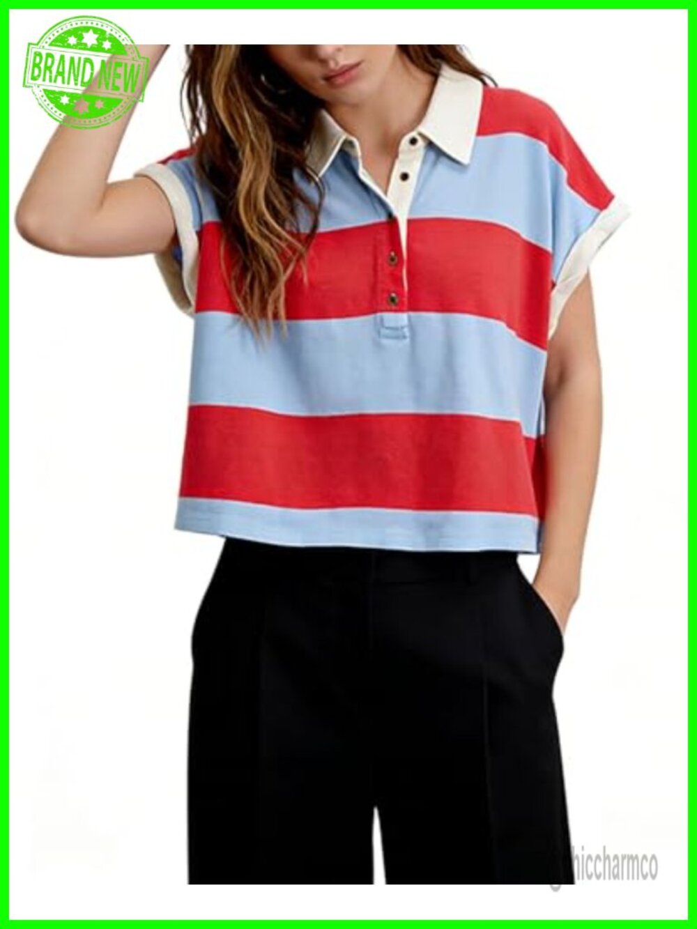 Striped Oversized Y2K Polo Top Short Sleeve Cropped Baggy T-shirt - Picture 5 of 6